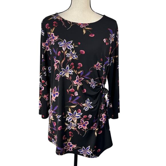 Liz Claiborne Career X-Large Tunic Top Floral Stretch Side Tie Knot 3/4 Sleeve - Picture 1 of 7